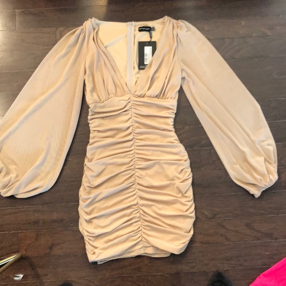 Stone Mesh Ruched Balloon Sleeve Bodycon Dress - Picture 2 of 3